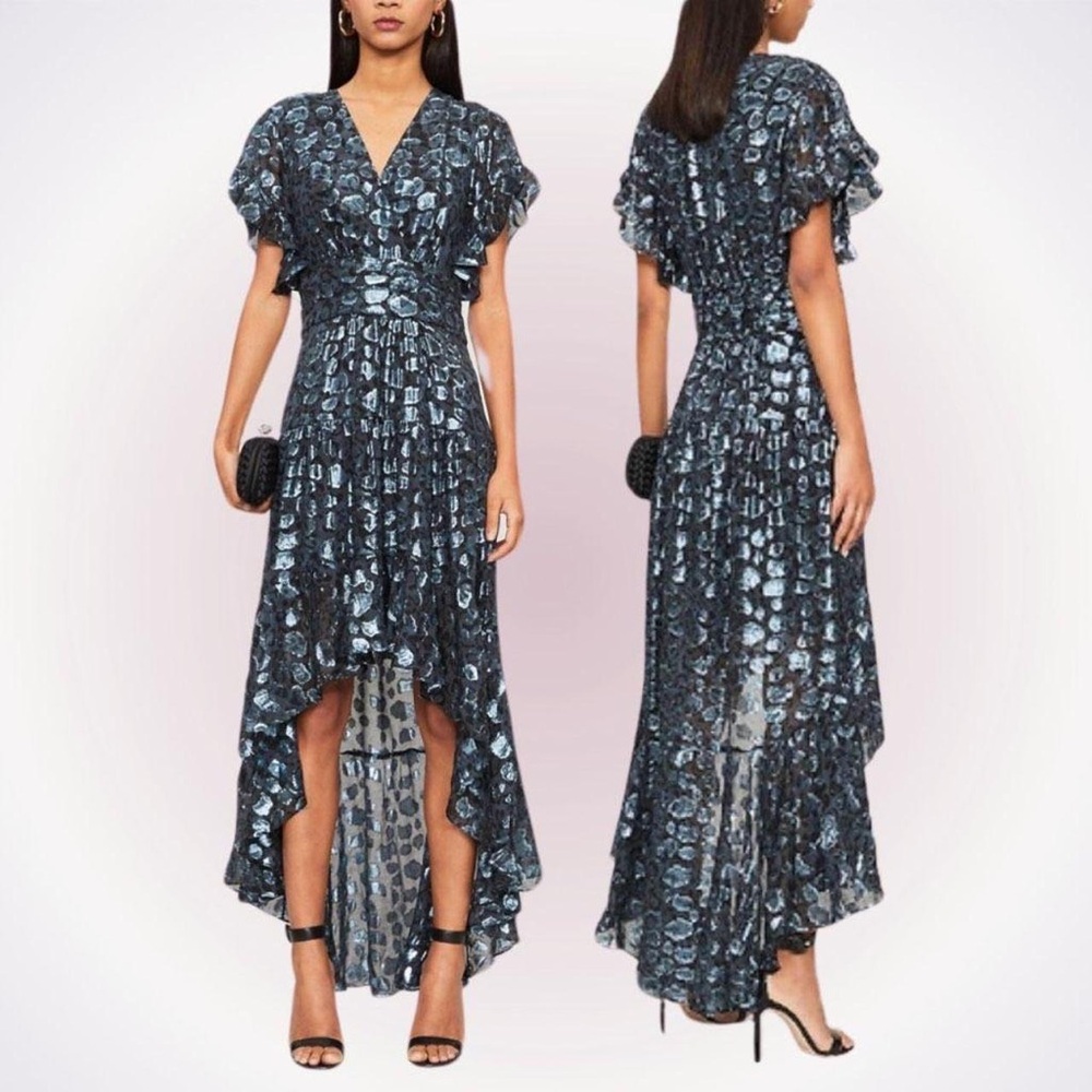 BA&SH Grace Metallic Leopard Print Silk Blend High Low Dress sz3  (us10-12)